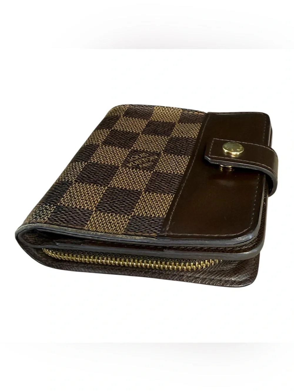 Louis Vuitton Damier Ebene Compact Wallet Brown Leather Snap Zipper Box Dust Bag